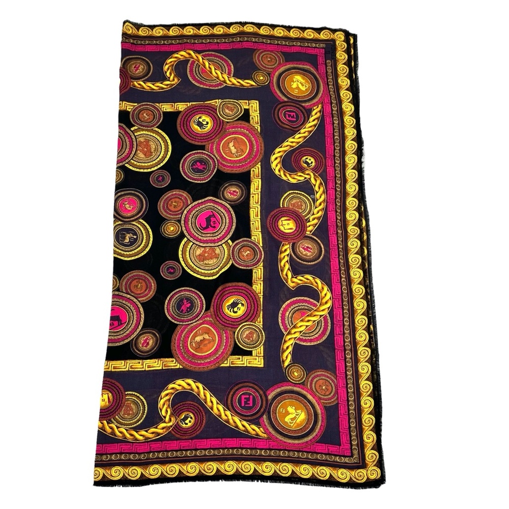 FENDI WOOL & SILK ZODIAC SIGNS IN BLUE, BLACK, PINK & GOLD FOULARD SCARF - Picture 8 of 14